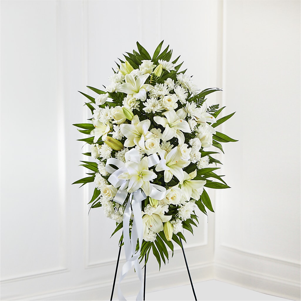 Exquisite Tribute Standing Spray-White Ribbon – Oliverios Florist, Bridgeport WV