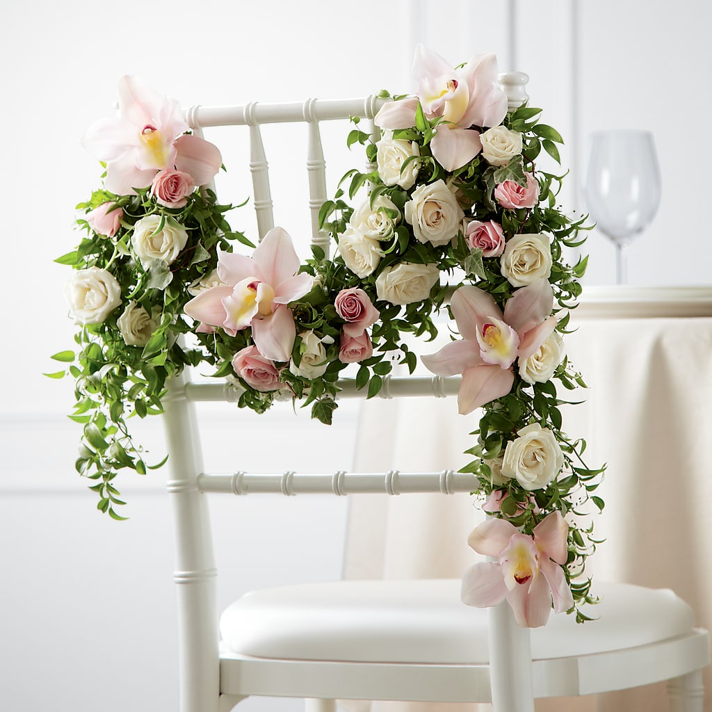Orchid Rose Chair Décor – Oliverios Florist, Bridgeport WV